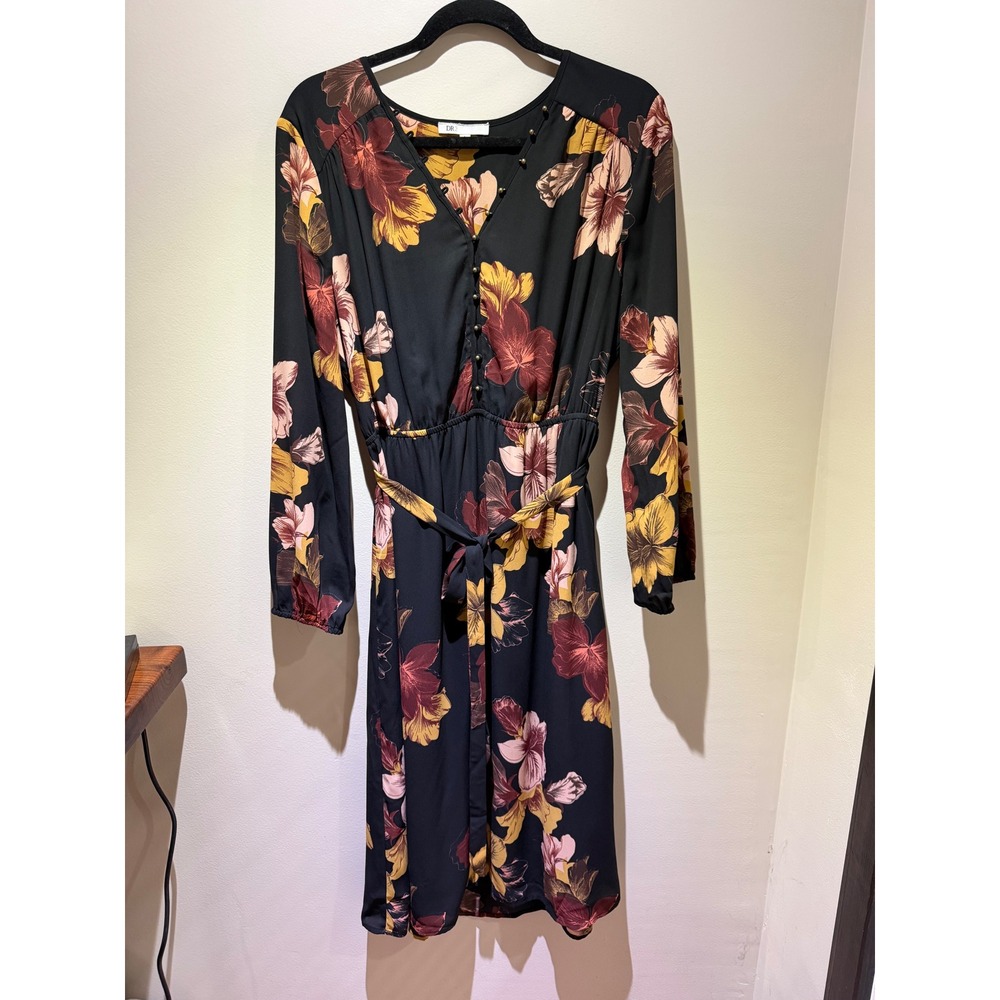 DR2 by Daniel Rainn Black Floral V-Neck Midi Dress Long Sleeve Belted Large Boho